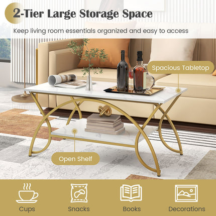 2-Tier Rectangle Coffee Table with Marble Pattern Top