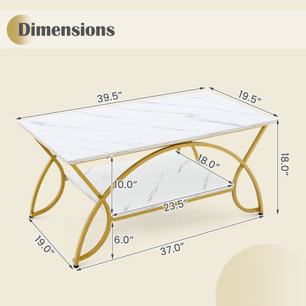 2-Tier Rectangle Coffee Table with Marble Pattern Top
