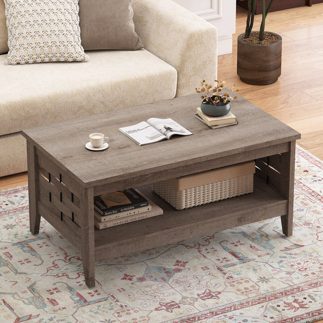 2-Tier Farmhouse Coffee Table with Open Shelf and Woven Decorations for Living Room