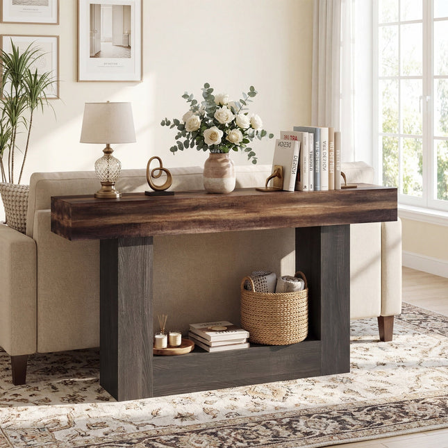2-Tier Farmhouse Console Table 63" Long with Storage Shelf