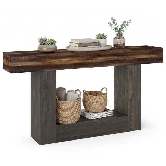 2-Tier Farmhouse Console Table 63" Long with Storage Shelf