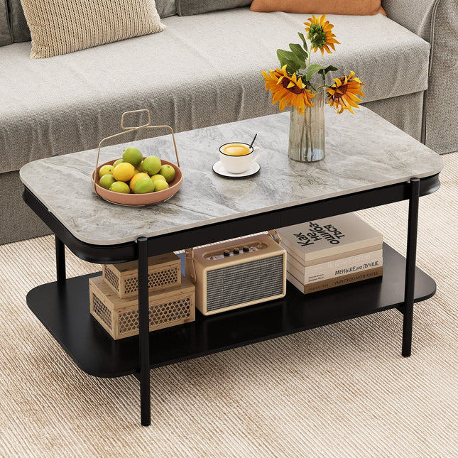 2-Tier Modern Rectangular Coffee Table with Sintered Stone Top