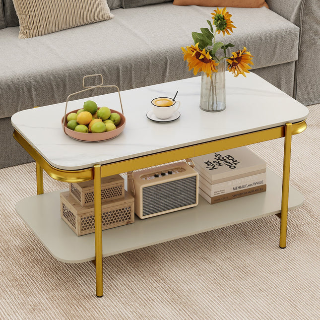 2-Tier Modern Rectangular Coffee Table with Sintered Stone Top
