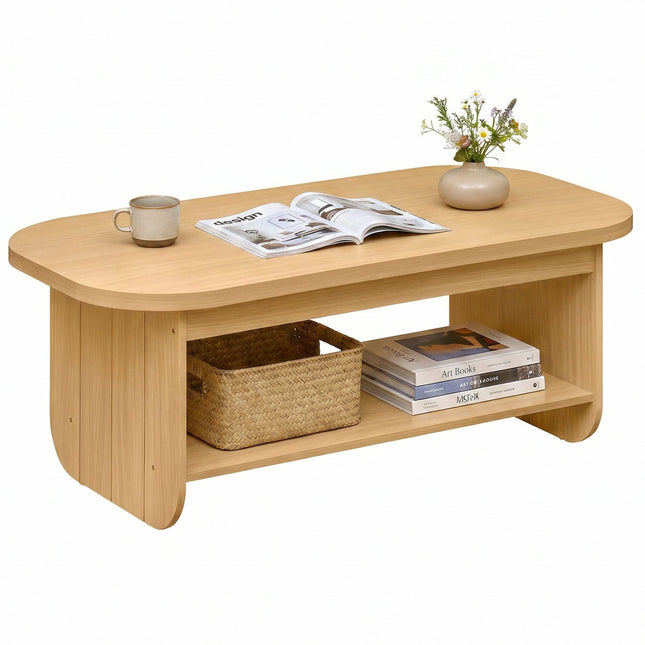 2-Tier Oval Coffee Table for Living Room Mid Century Center Table with Bottom Storage Shelf