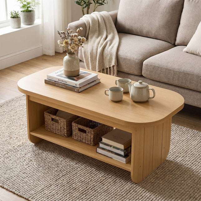 2-Tier Oval Coffee Table for Living Room Mid Century Center Table with Bottom Storage Shelf