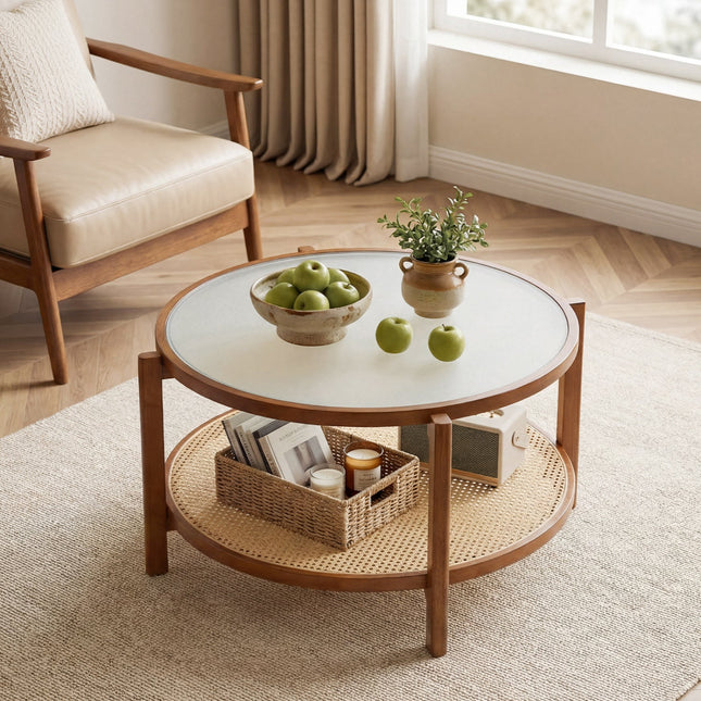 2-Tier Rattan Coffee Table with Frosted Glass Top