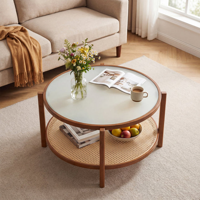 2-Tier Rattan Coffee Table with Frosted Glass Top