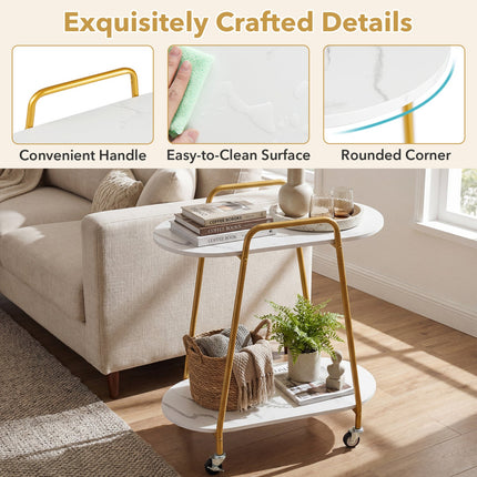 Rolling End Table with Faux Marble Top - 2-Tier Storage