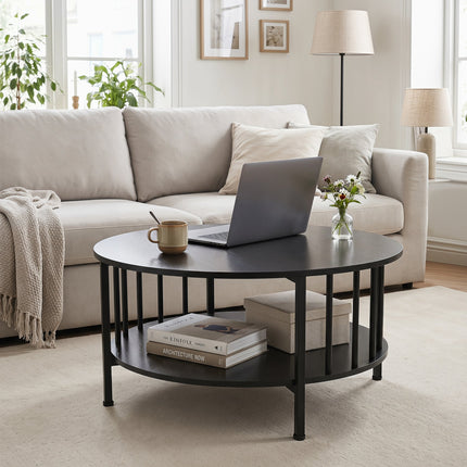Round Coffee Table with Storage Shelf and Metal Frame