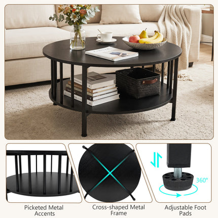 Round Coffee Table with Storage Shelf and Metal Frame