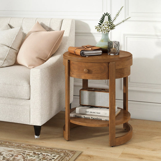 Round End Table Set of 2 with Drawer - Mid Century Modern
