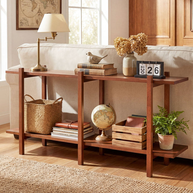 2-Tier Wood Bookshelf Low Horizontal Rubberwood Bookcase for Display-Walnut