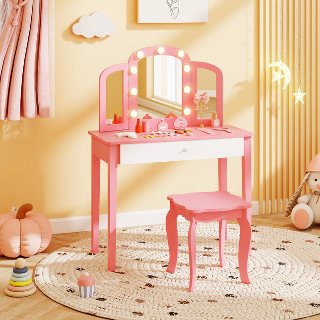 2-in-1 Kids Vanity Table Set with Tri-Folding Detachable Mirror and Lights
