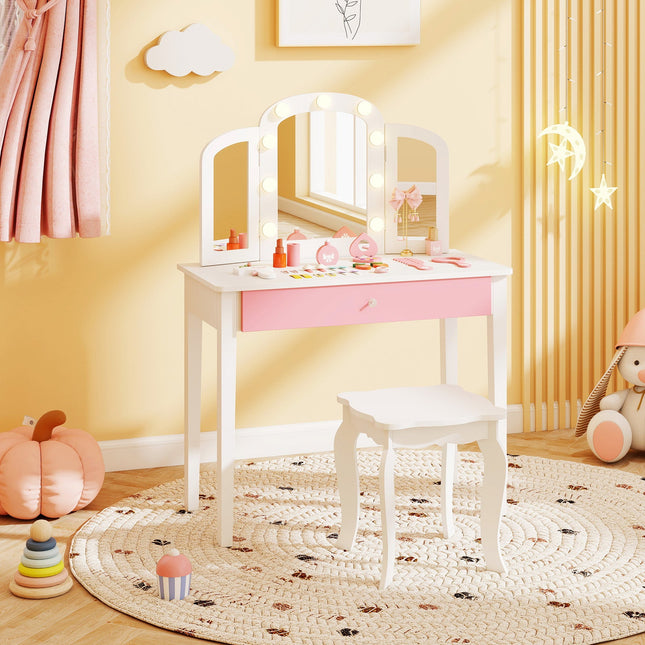2-in-1 Kids Vanity Table Set with Tri-Folding Detachable Mirror and Lights