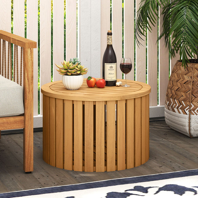 2-in-1 Outdoor Side Table with Storage Acacia Wood Slatted Coffee Table Square and Round Slatted End Storage Box