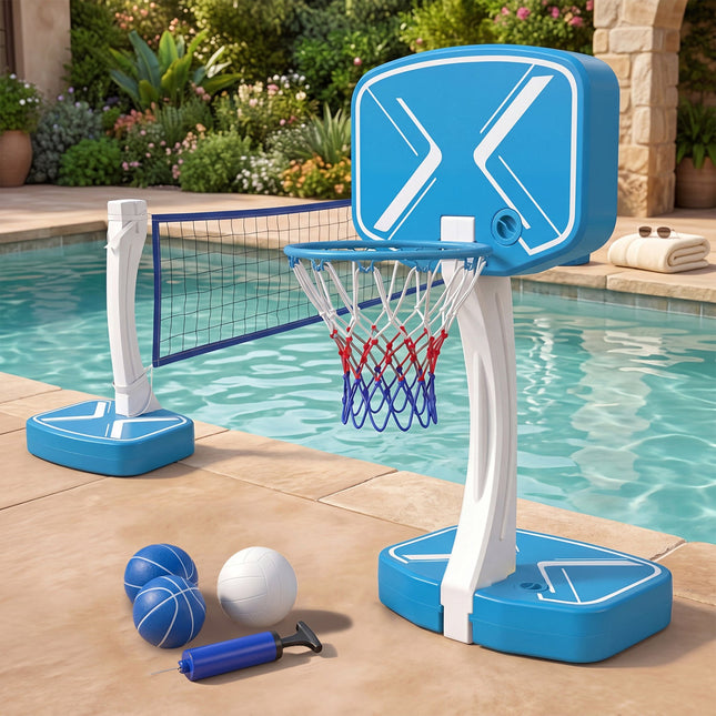 2-in-1 Pool Basketball Hoop & Volleyball Net with Weighted Base