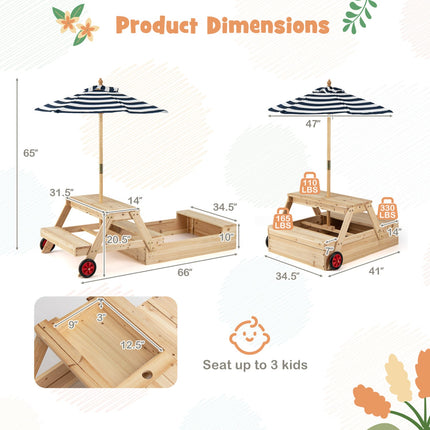 2-in-1 Wooden Sandbox with Foldable Umbrella and Convertible Picnic Table