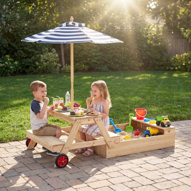 2-in-1 Wooden Sandbox with Foldable Umbrella and Convertible Picnic Table