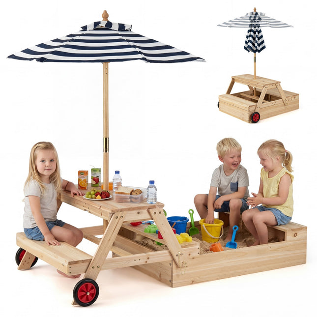 2-in-1 Wooden Sandbox with Foldable Umbrella and Convertible Picnic Table