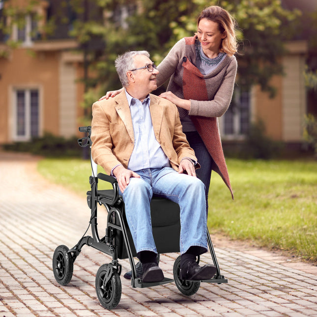 2-in-1 Foldable Rollator Walker with Seat abd 9 Inch Pneumatic Tires for Seniors