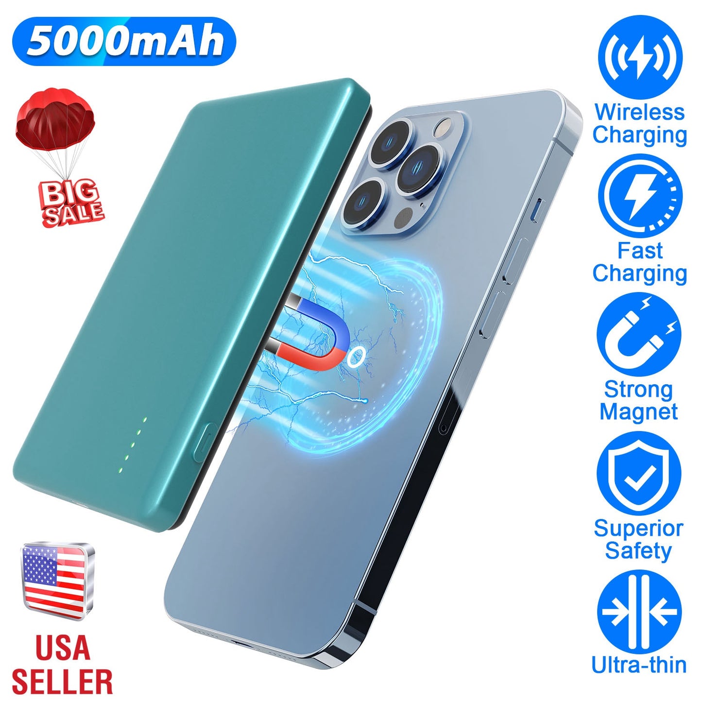 2 In 1 5000mAh 8MM Slim MagSafe Wireless Power Bank PD20W Magnetic Fast Charger Portable Phone Charger Fit for IOS Phone 15 14 13 12 Series And More