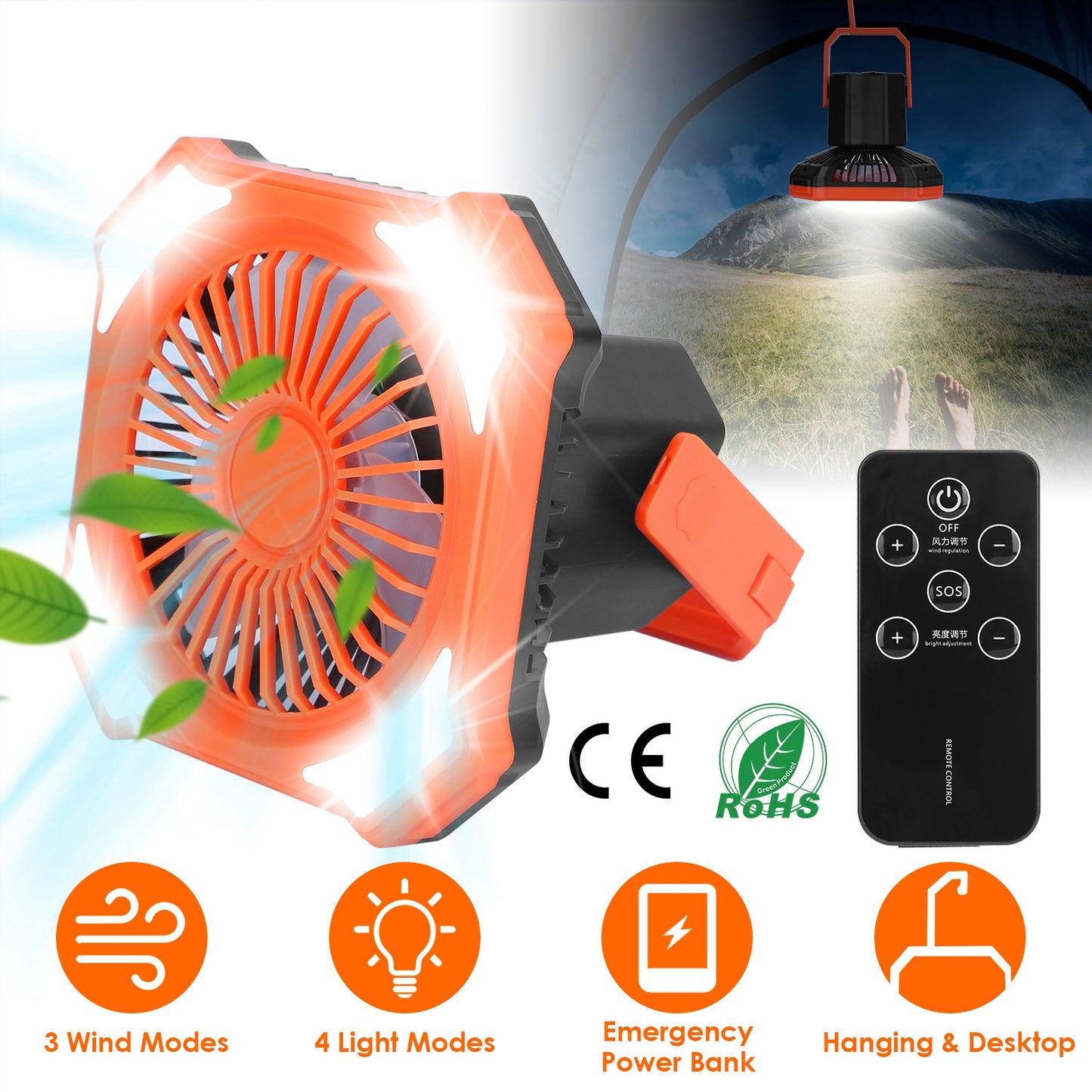Portable Camping Lantern Fan 10000mAh Battery Powered Hanging Fan USB Rechargeable Tent Fan with 4 Light Modes 3 Wind Modes Emergency Power Bank Remot