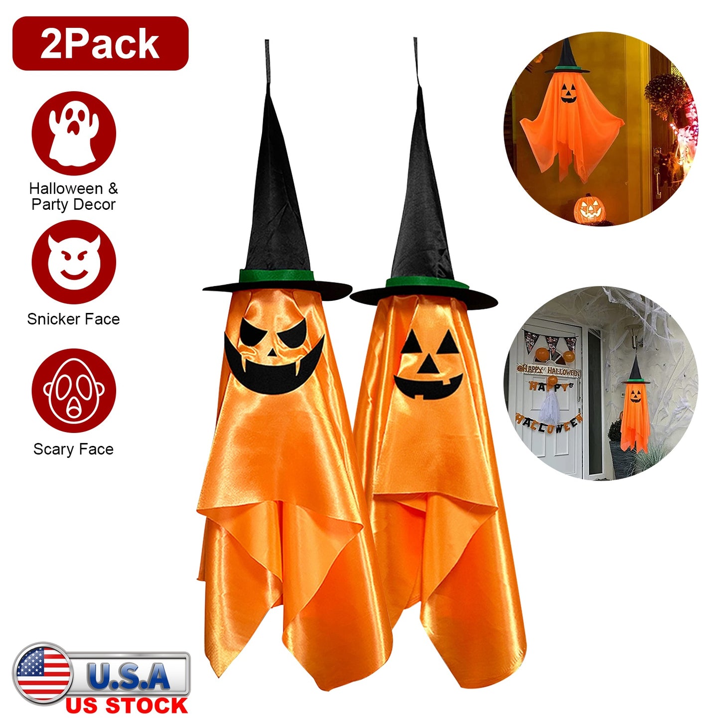 2 Pack Hanging Ghosts with Wizard Hat Snicker Scary Face Halloween Party Hanging Decorations Pumpkin Wizard Hat for Eave Tree Porch