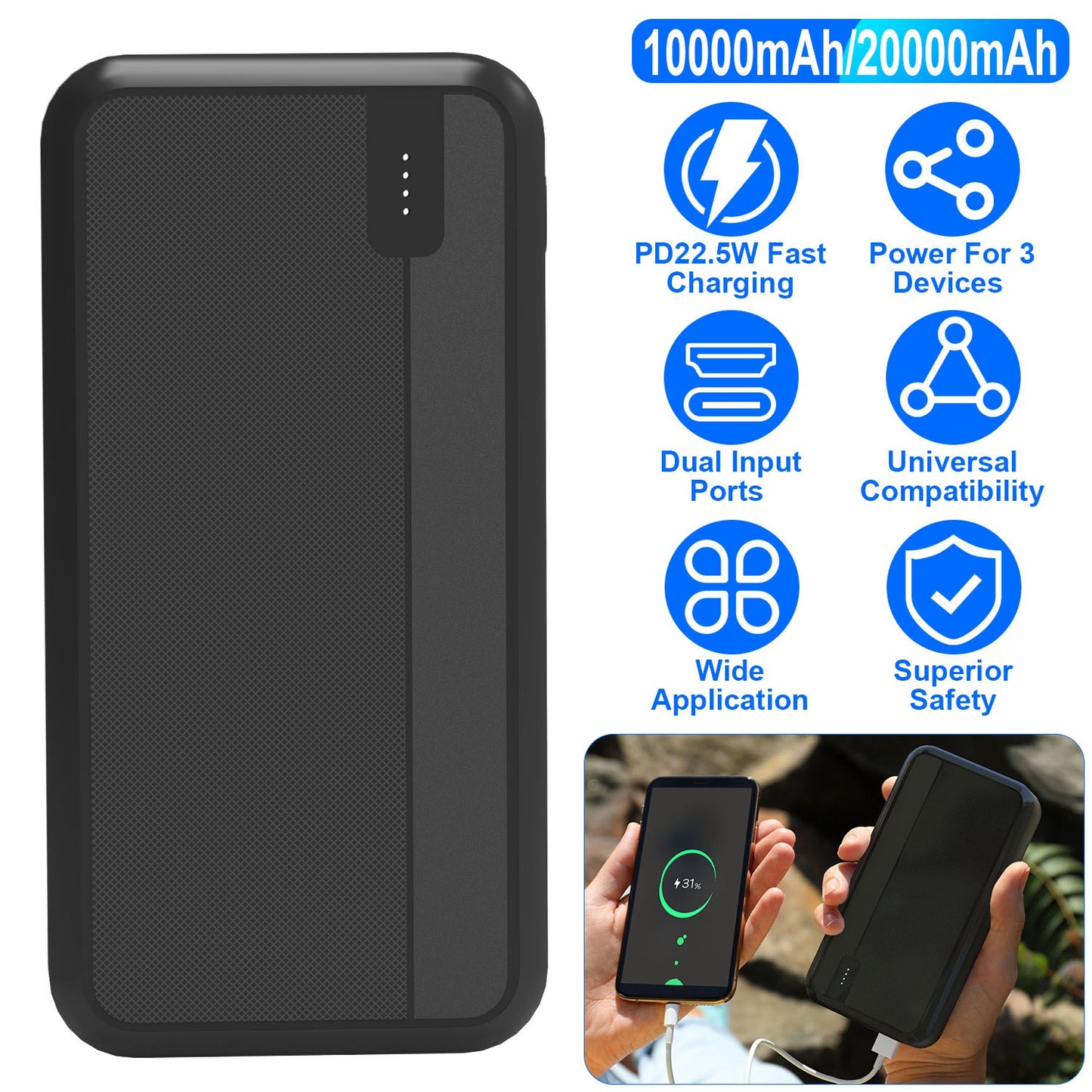 20000mAh PD22.5W Fast Charging Power Bank Fast Charger Portable Phone Charger with Type-C USB Cable Fit For IOS Phone 15/14 Samsung Galaxy S24 And Mor