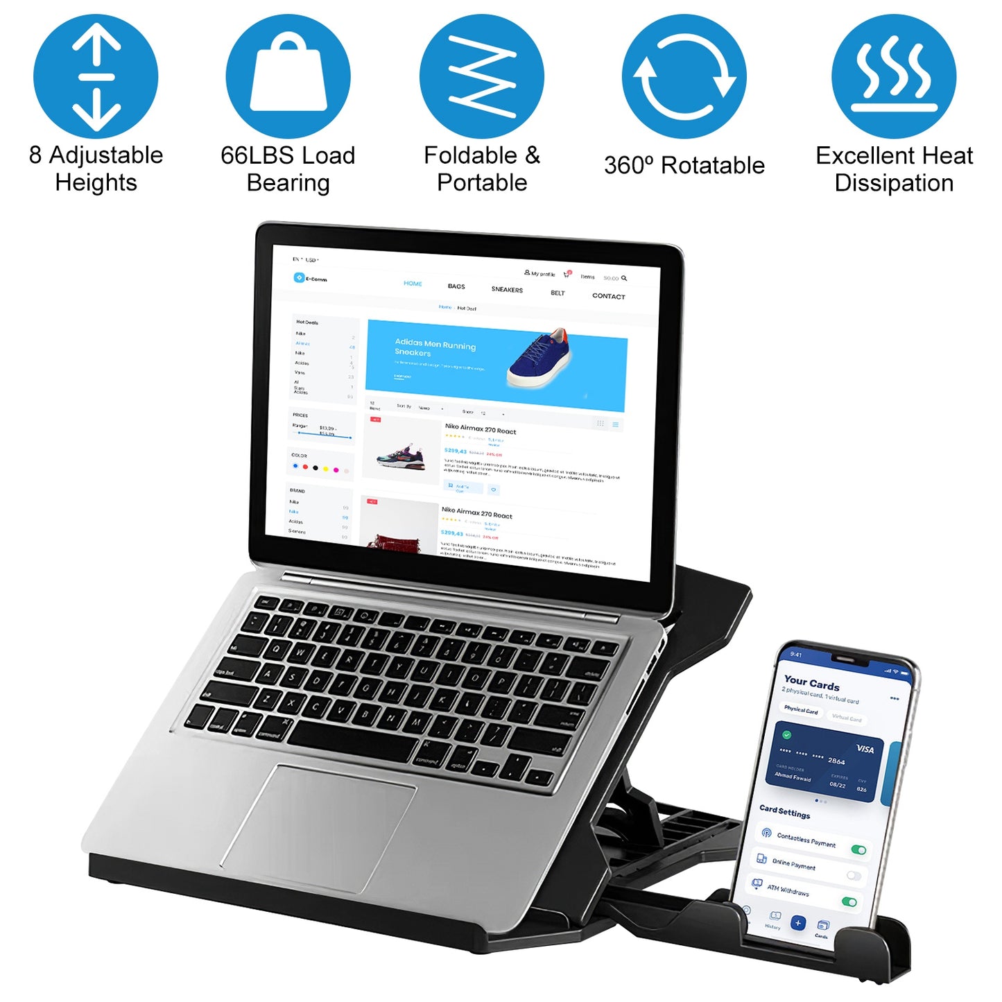 360¼ Rotating Laptop Riser Stand Foldable Desk Laptop Riser Tablet PC Holder with Phone Stand 8 Level Adjustable Height Inbuilt Handle for Home Office