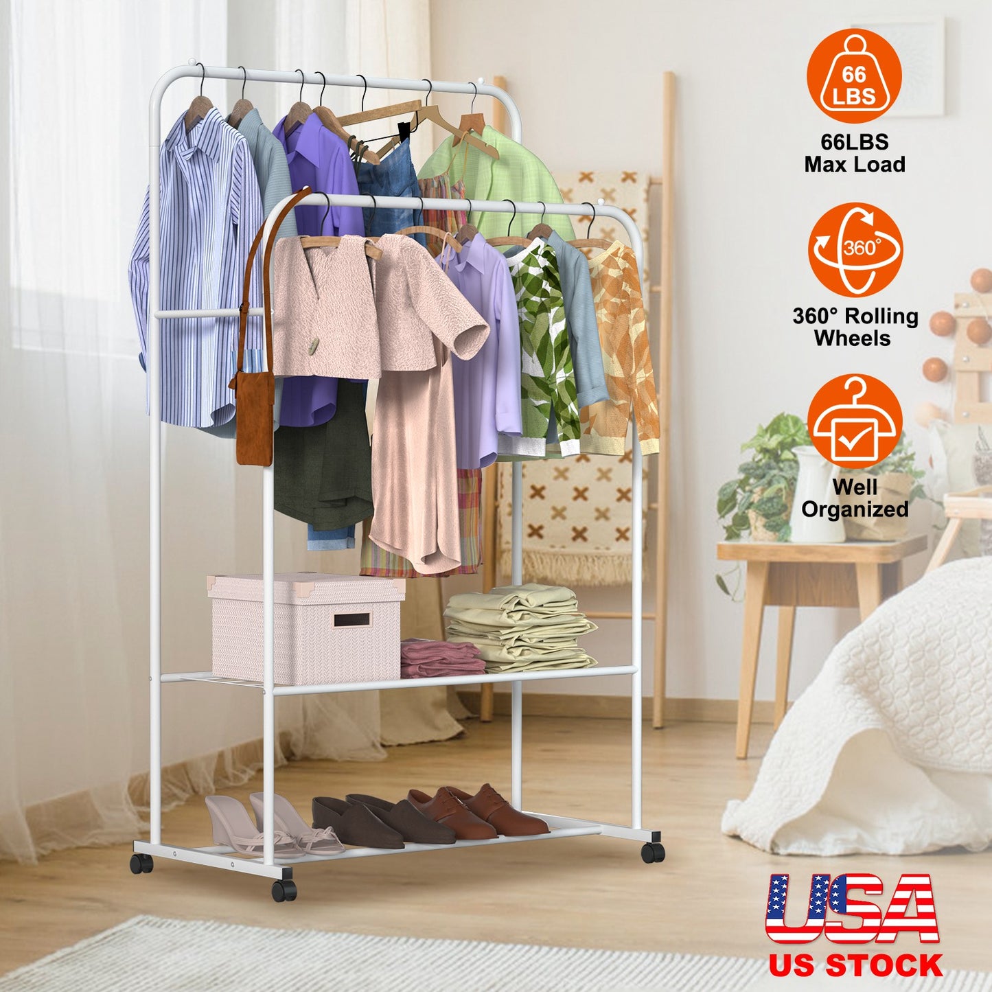 Garment Hanging Rack Clothing Hanging Rail Pillow Shoe Display Organizer Stand Rolling Wheel Clothes Organizer
