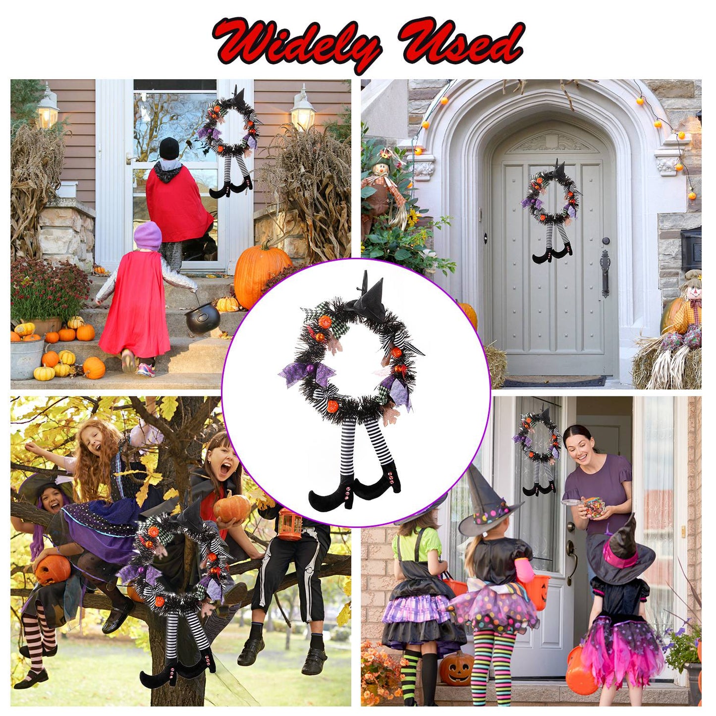 Halloween Witch Wreath Pumpkin Door Decorations Artificial Party Hanging Handmade Wreath Garland with Hat Legs for Front Door Indoor Wall Decoration
