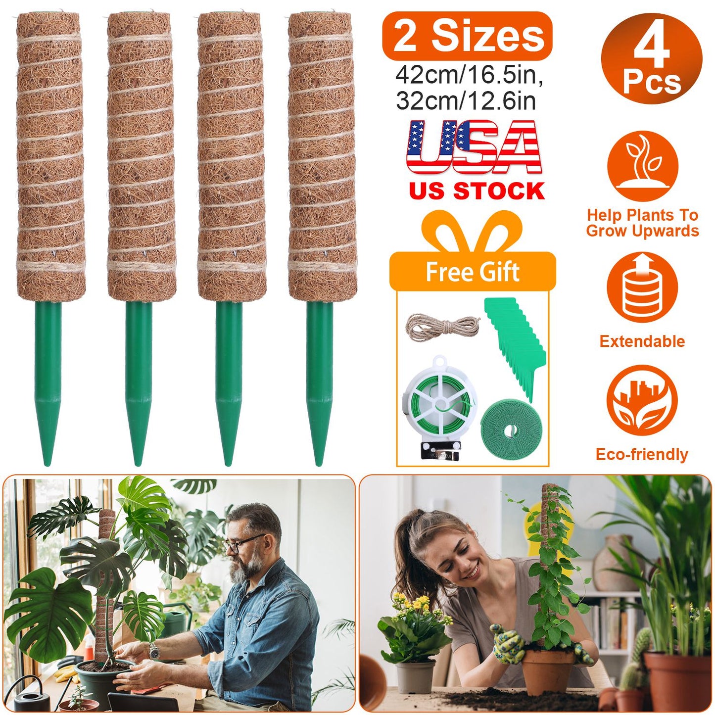 4Pcs Coco Coir Extendable Moss Pole for Climbing Plants Plant Support with 10 Labels 6.6Feet Jute Rope 6.6 Feet Fasten Strap 65.6 Feet Twist Tie Indoo