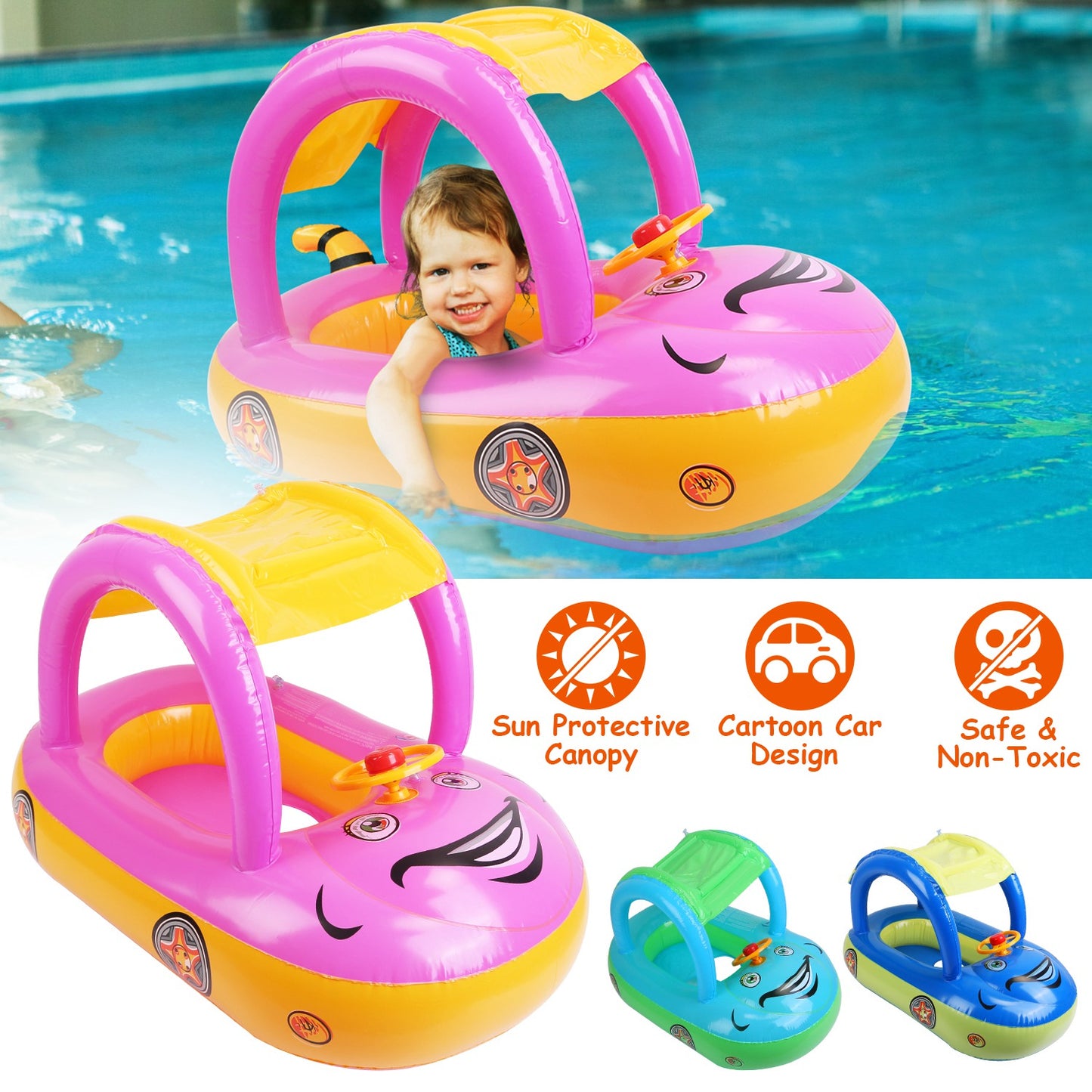Baby Inflatable Pool Float Car Shaped Toddler Swimming Float Boat Pool Toy Infant Swim Ring Pool with Sun Protection Canopy for 1-3 Year-Old Kids Infa