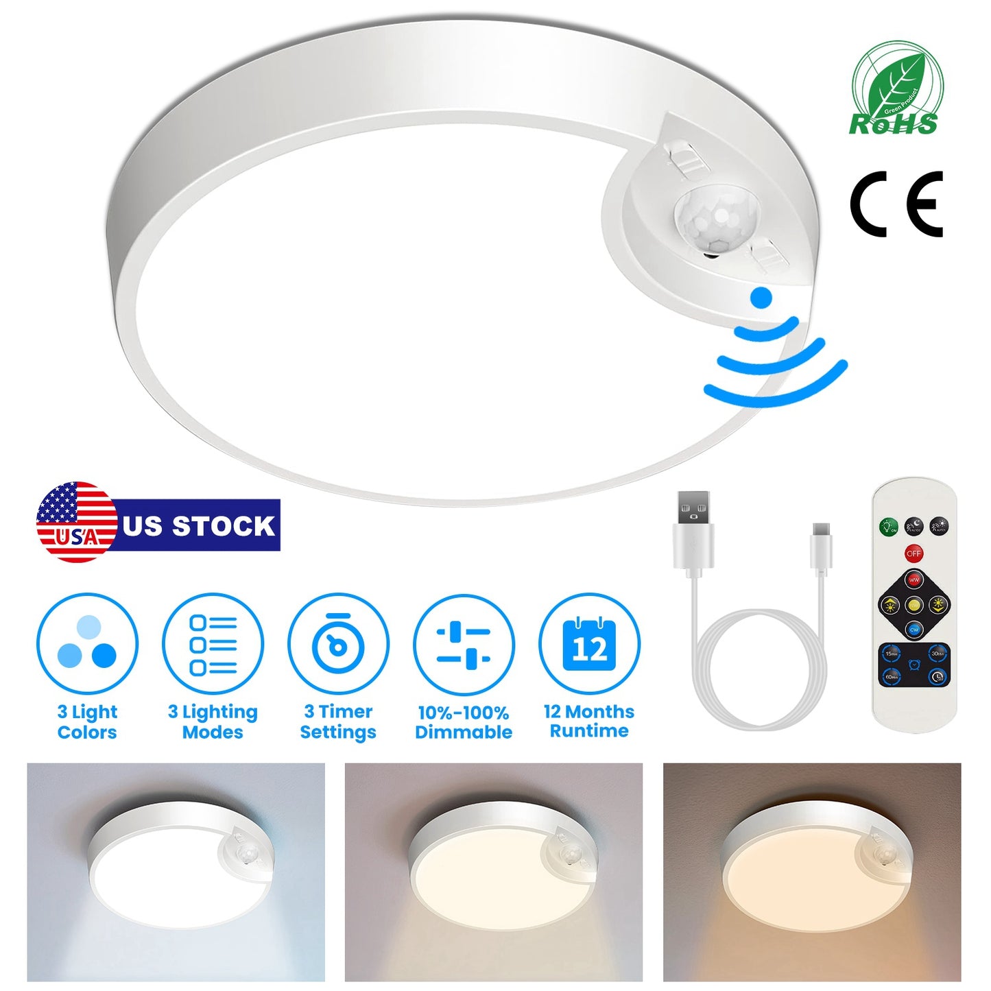 Rechargeable Motion Sensor Ceiling Light Dimmable LED Ceiling Light with Remote Timer 3 Light Colors 3 Modes for Stairs Garage Bathroom
