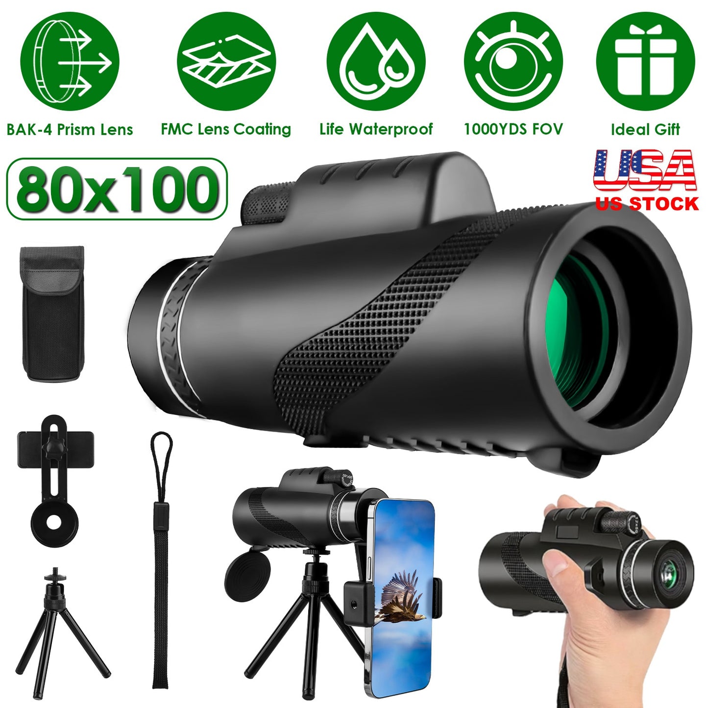 80x100 HD Monocular Telescope for Adults BAK-4 Prism High Power Monocular for Smartphone with FMC Lens Phone Adapter Tripod Case for Bird Watching Hun