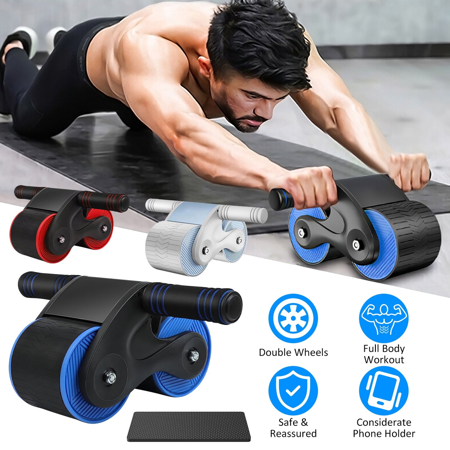Automatic Rebound Abdominal Wheel Anti-slip AB Roller Wheel with Kneel Pad Phone Holder Home Gym Abdominal Exerciser for Men Women