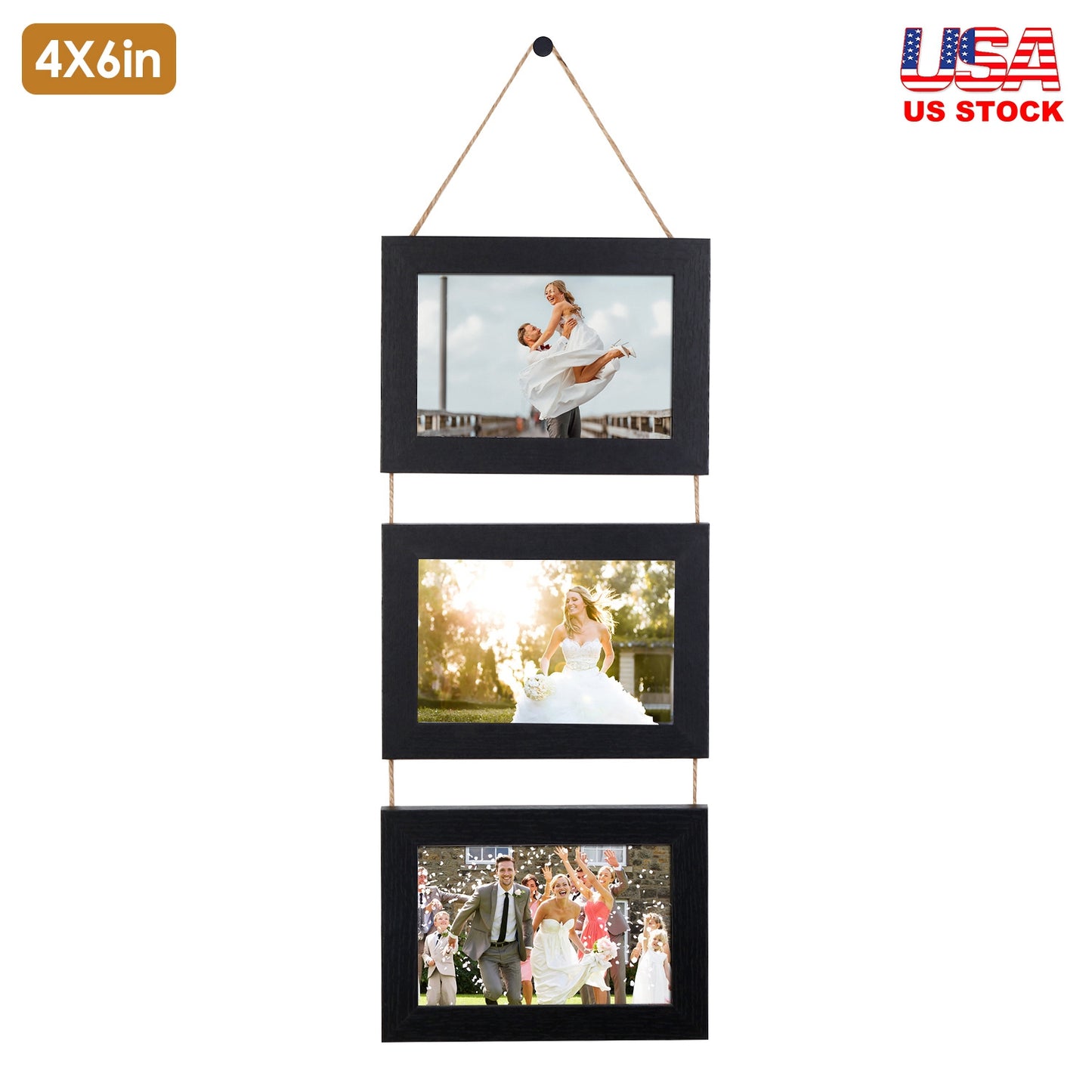 4x6IN Wall Hanging Picture Collage Frame 3-Opening Wall Decor Without Mat Rustic Style Wood Photo Frame Display