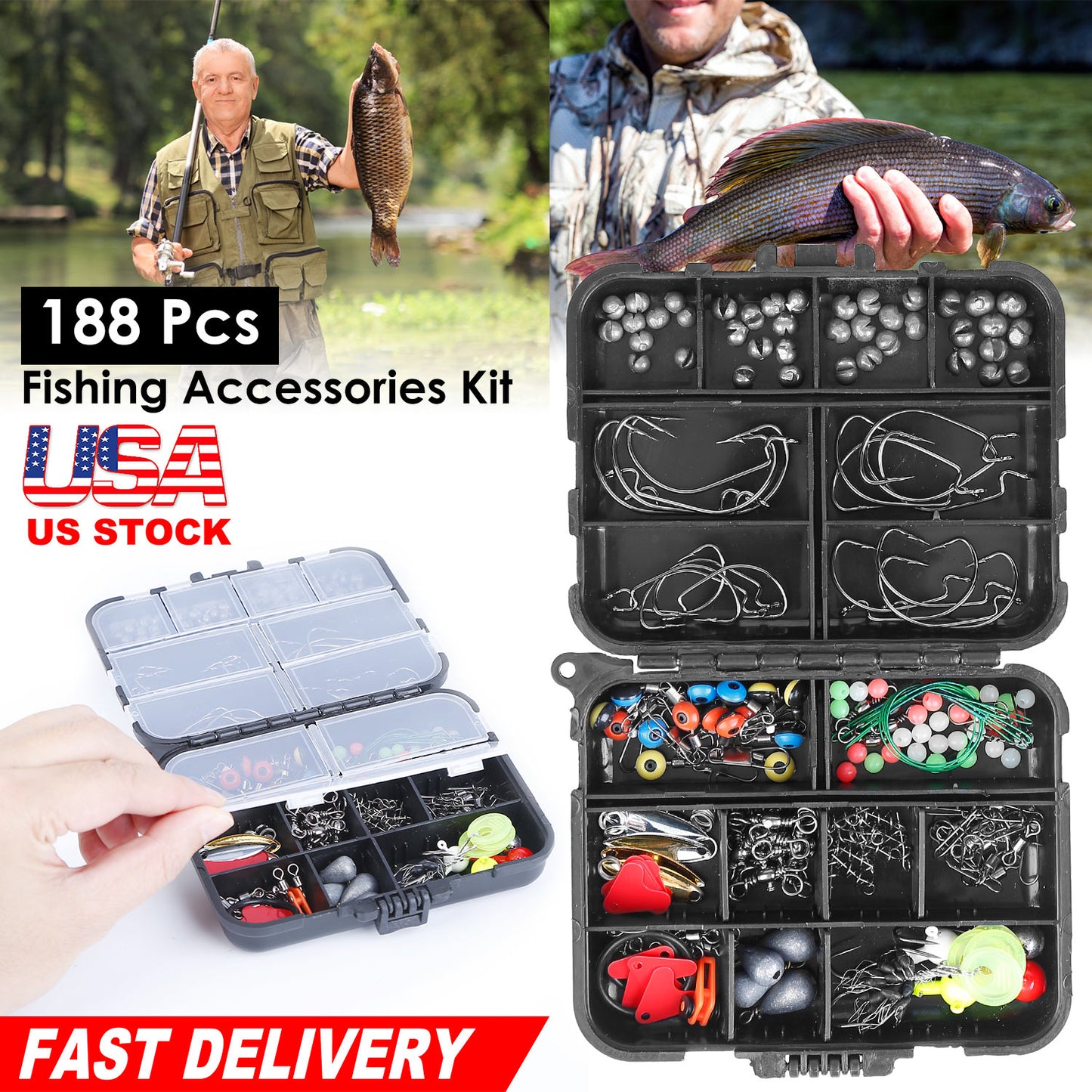 188Pcs Fishing Accessory Kit Portable Fishing Set Including Jig Hooks Sinker Weights Spoon Lure Removable Split Shot w/ Tackle Box