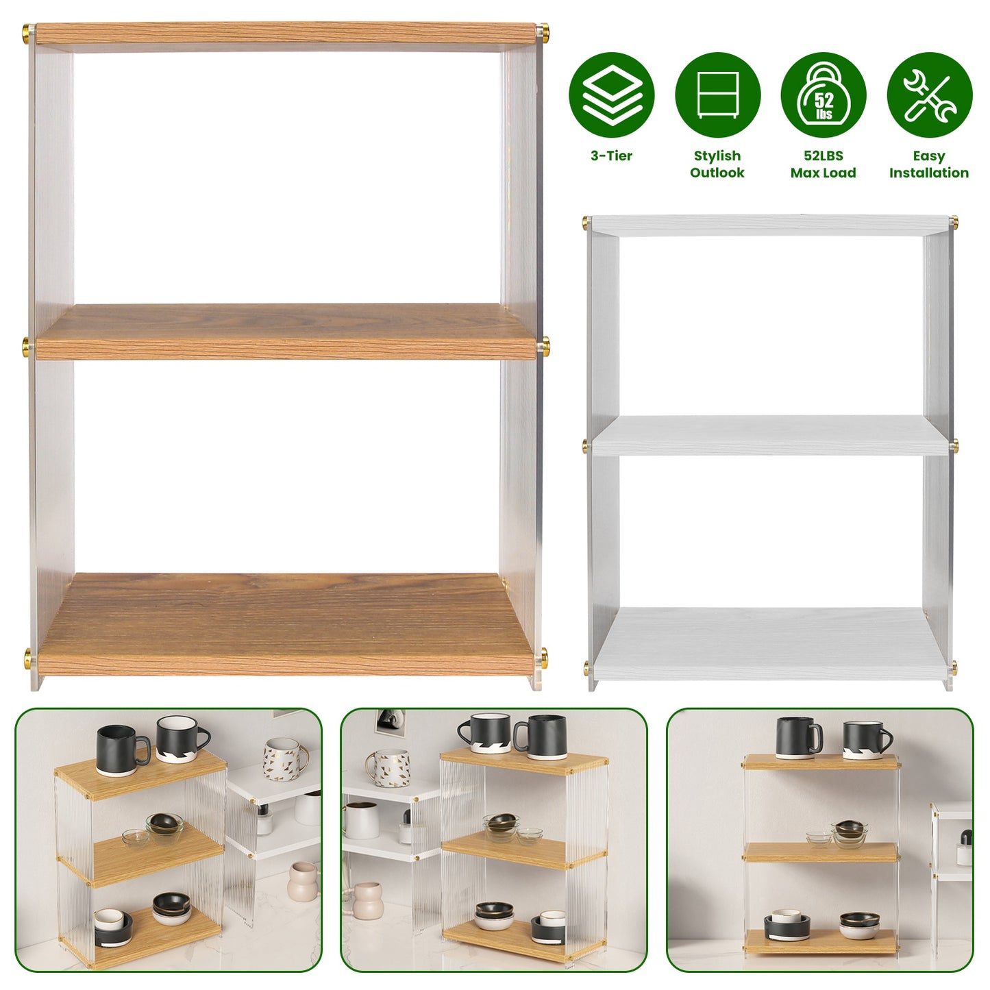 3-Tier Acrylic Countertop Organizer Bathroom Wood Counter Storage Rack Standing Vanity Cosmetics Shelf Cup Holder Desk Display Shelves