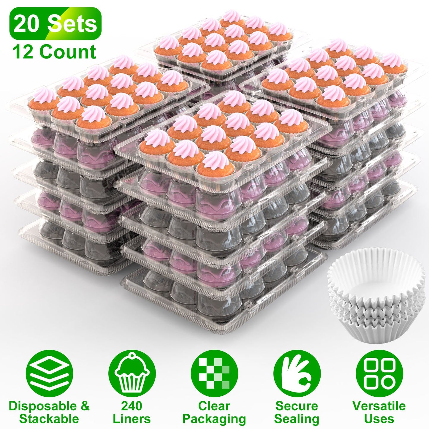 12 Count 20 Sets Clear Cupcake Boxes Disposable Cupcake Containers Stackable Cupcake Carrier Holders with 240 Liners High Dome Lid