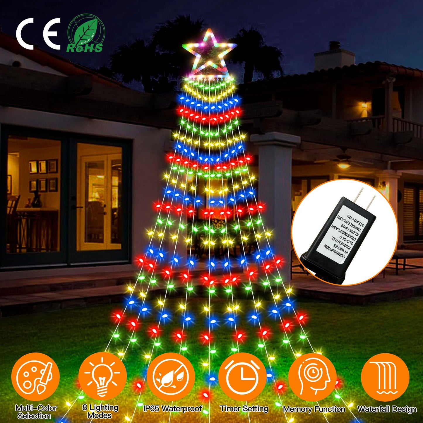 Christmas Hanging Waterfall String Light with Topper Star IP65 Waterproof Outdoor Plug In Fairy Waterfall Tree Light with 8 Lighting Modes Timer Memor