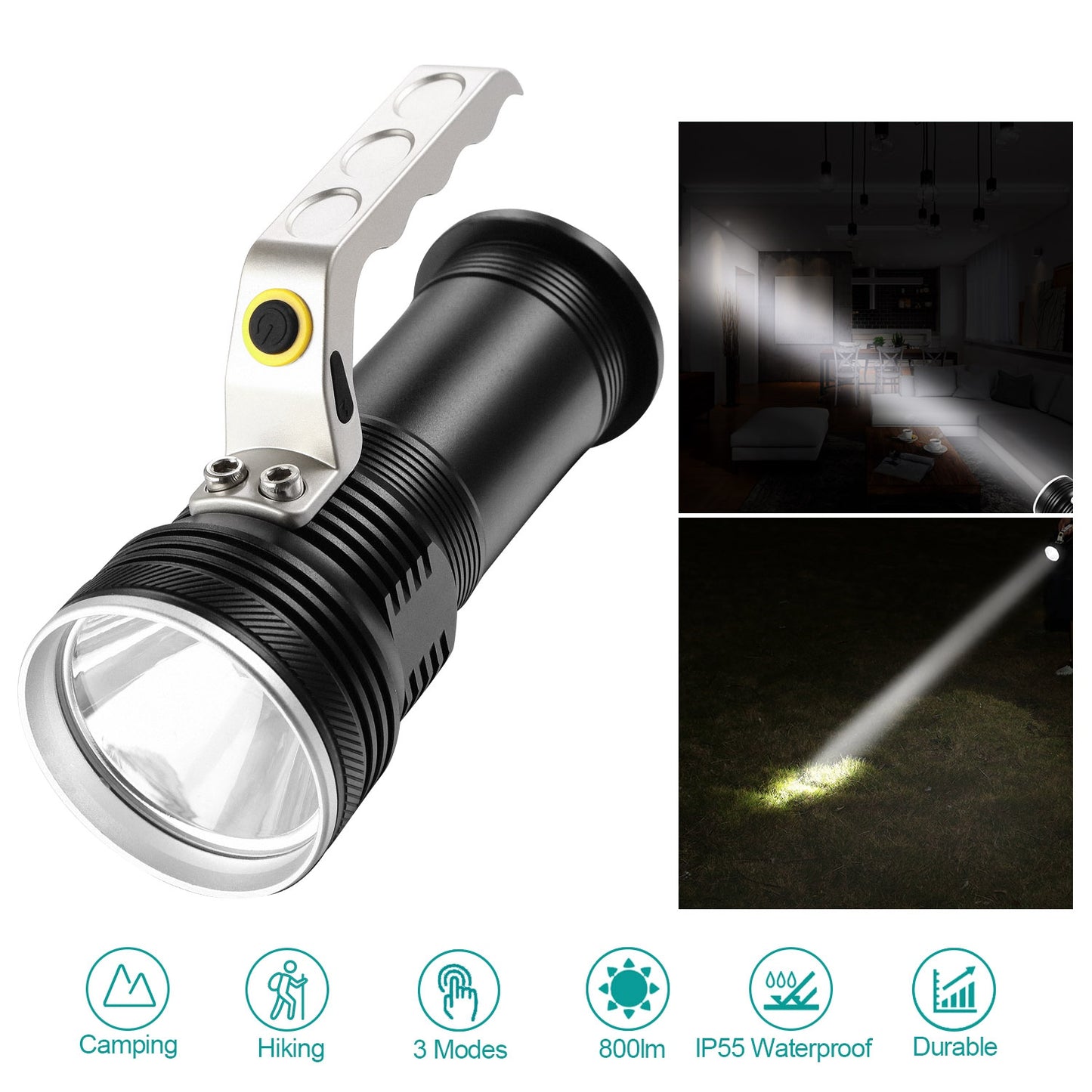 Super Bright Handheld LED Flashlight Portable USB Rechargeable Searchlight 3 Modes Waterproof Spotlight Torch Flashlight Aluminum Alloy for Camping Hi