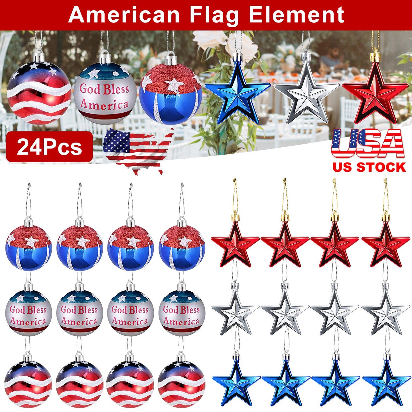 24Pcs Set Hanging Ornaments Ball Star Patriotic Festival Party Decor Independence Day 4th of July Christmas Tree Wall Indoor Outdoor Decoration