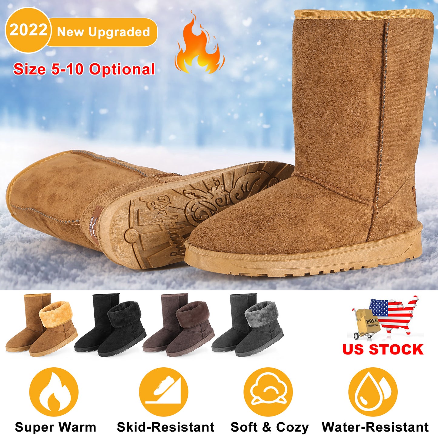 Women Ladies Snow Boots Waterproof Faux Suede Mid-Calf Boots Fur Warm Lining Shoes