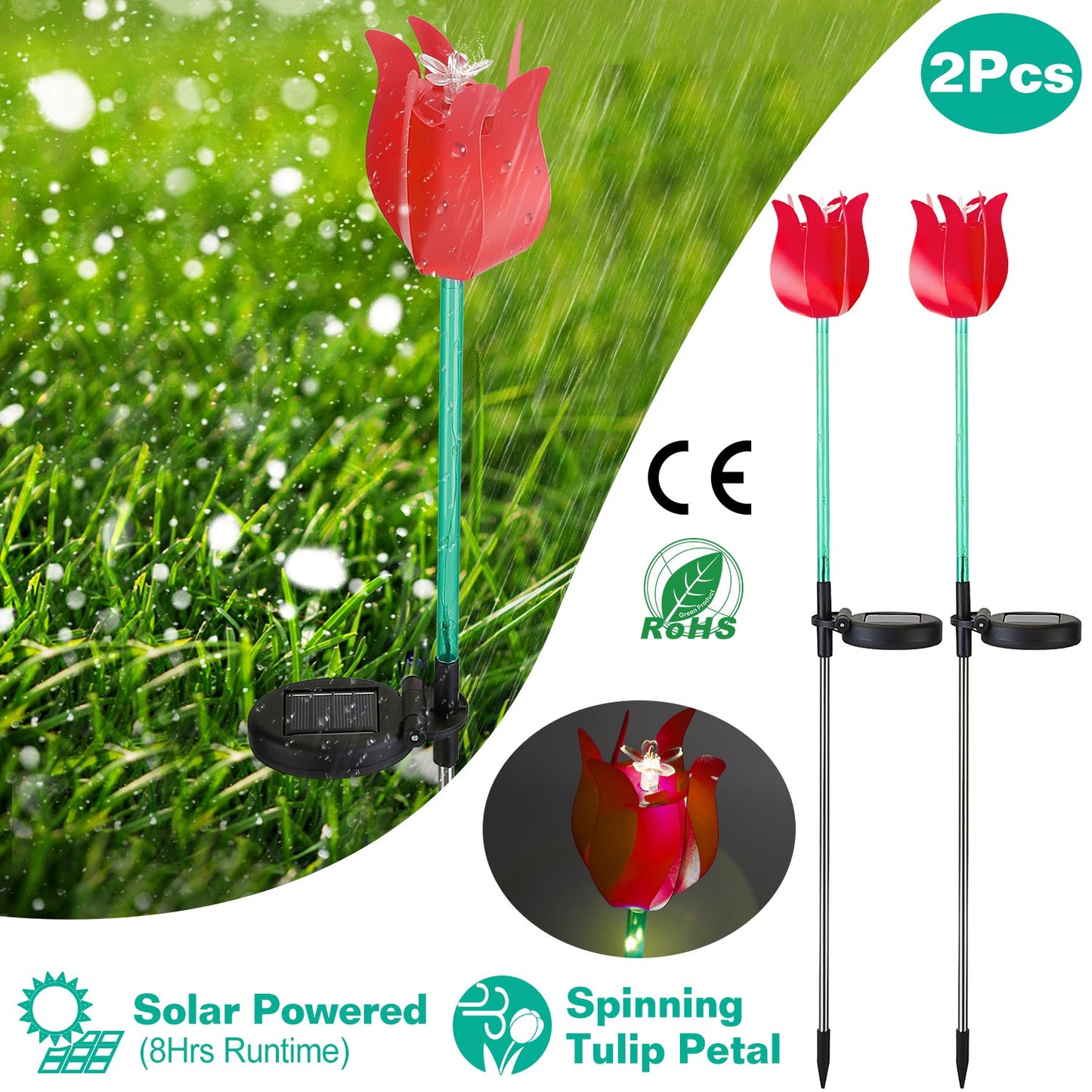 2Pcs Solar Powered Tulip Garden Light Wind Mill Waterproof Landscape Stake Lamp Decorative Lawn Lights For Yard Driveway Walkway Patio