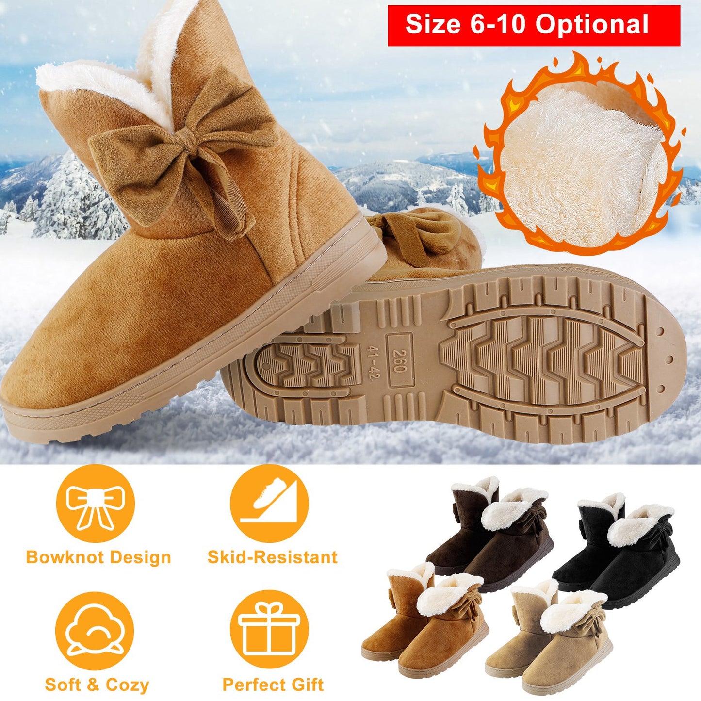 Women Ladies Snow Boots Super Soft Fabric Mid-Calf Winter Shoes Thickened Plush Warm Lining Shoes w/ Anti-slip Rubber Base Bowknot