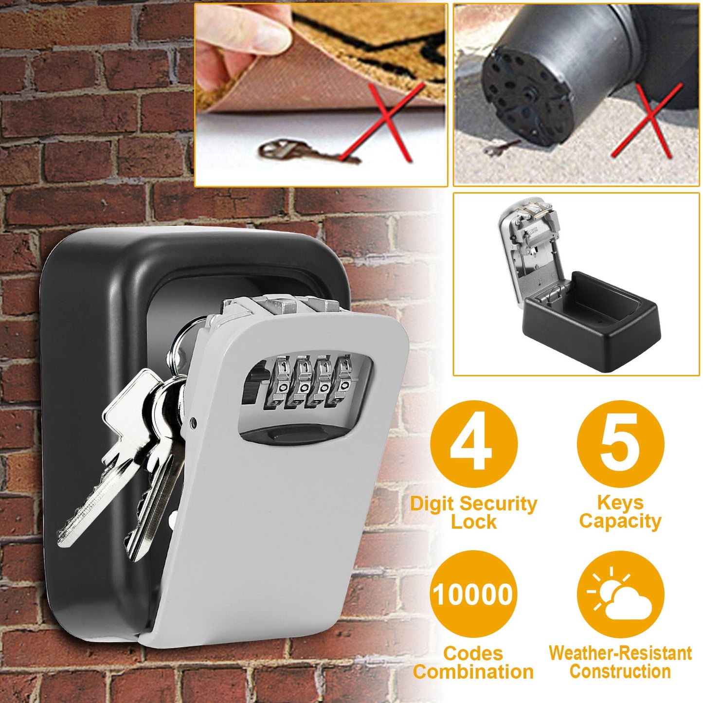 Key Lock Box Keys Storage Lock Box with 4 Digits Combination Resettable Codes Wall Mounted Outdoor Waterproof Cover