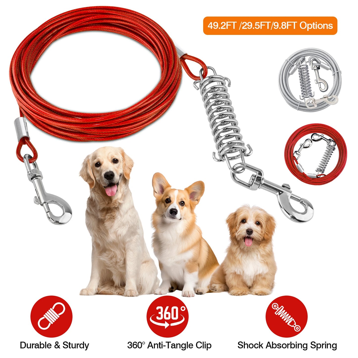 29.5FT Dog Tie Out Cable Long Dog Leash Chew Proof Lead Dog Chain with Durable Spring 360¡ Rotatable Clips PVC Case for Outside Yard Caming