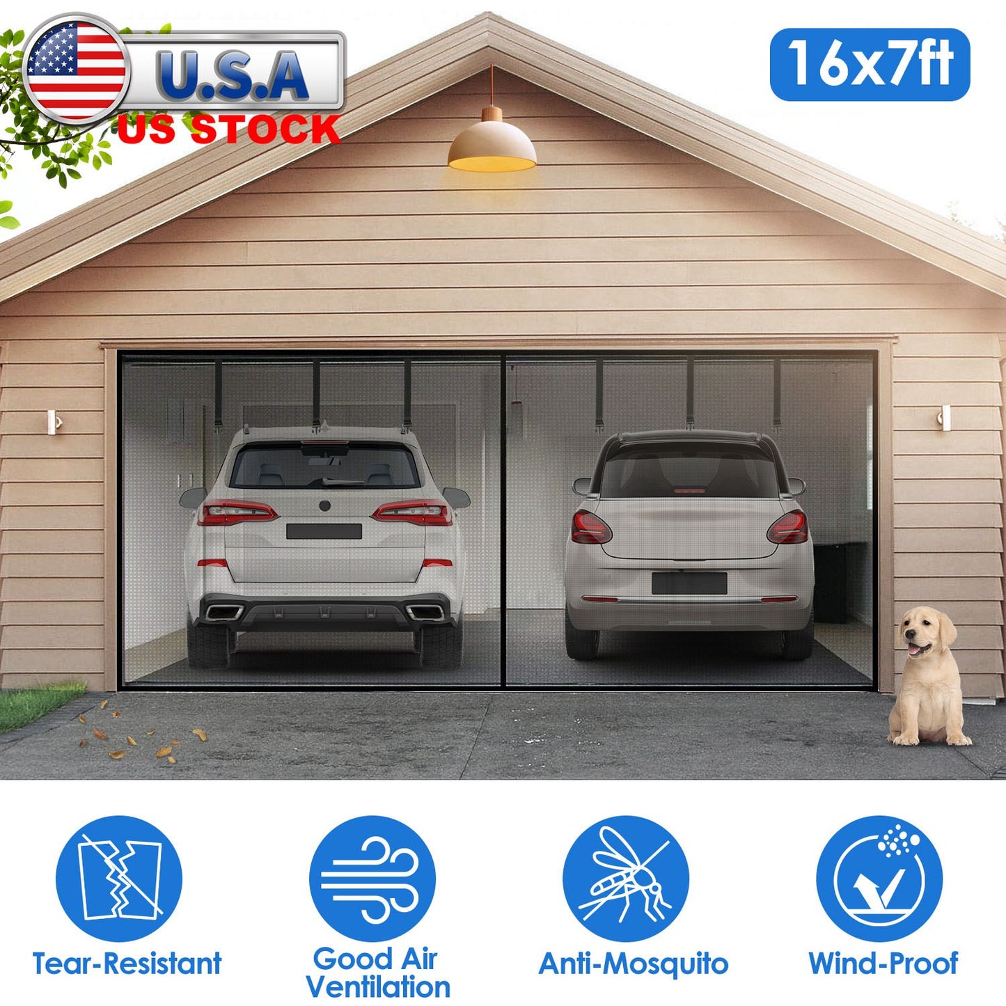 16x7FT Magnetic Garage Door Screen Two-Car Garage Screen Mesh Fiberglass Garage Net with Magnetic Closure 6 Buckle Straps for Two Cars