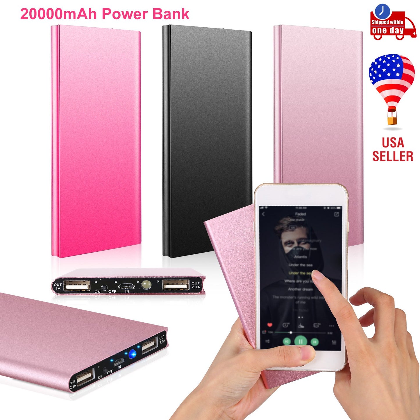 20000mAh Power Bank Ultra-thin External Battery Pack Phone Charger Dual USB Ports